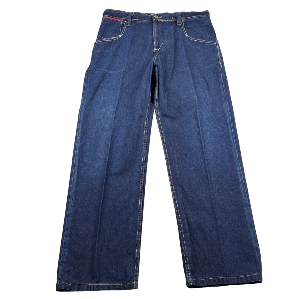 Vintage Tommy Hilfiger Jeans Mens 38x32 Red Label Baggy Denim Dark Wash Y2K